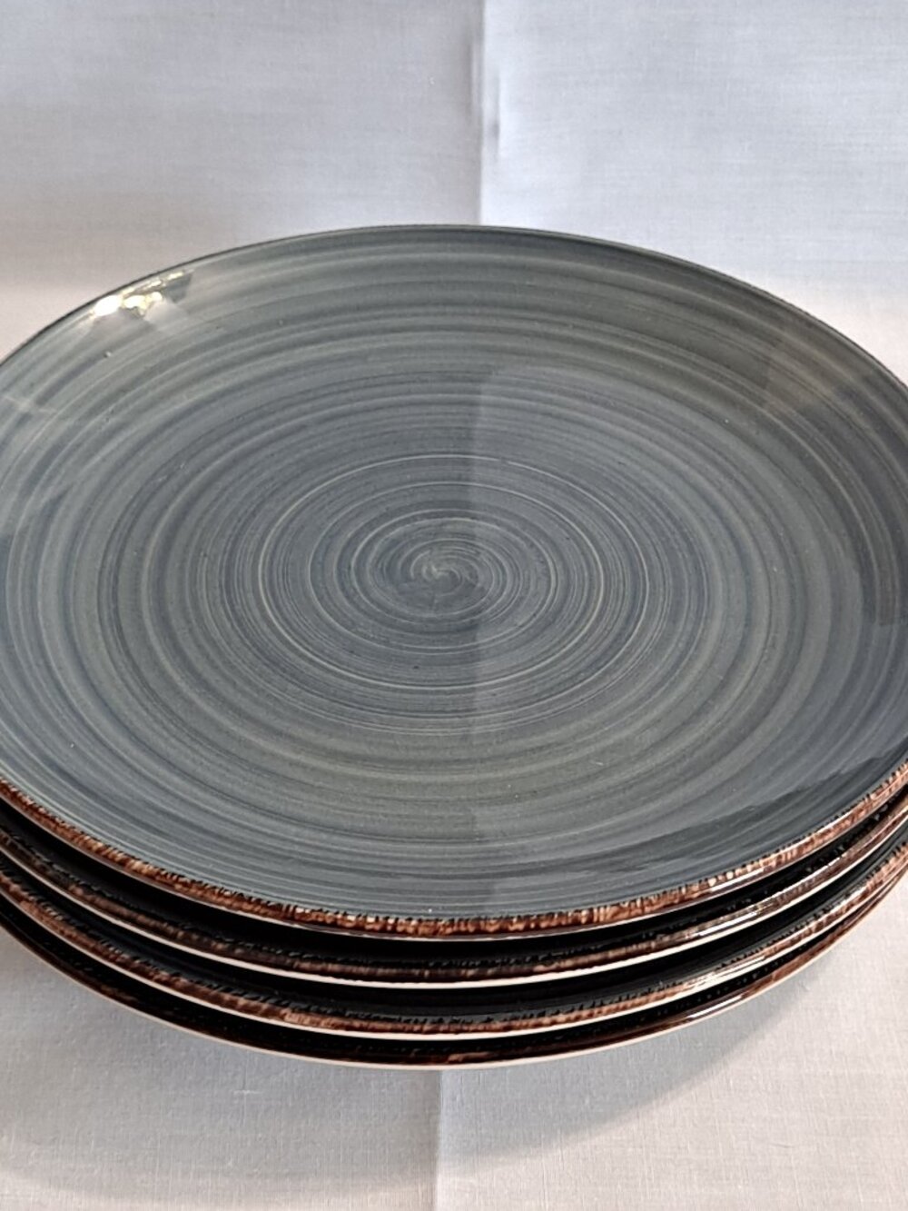 Set 4 Royal Norfolk GRAY SWIRL 7 3/4" Salad PLATES Spiral Serving Brown Rim Brea